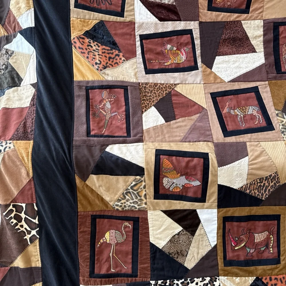 extra Large vintage, handmade Patchwork Animal safari Print Quilt brown and blk